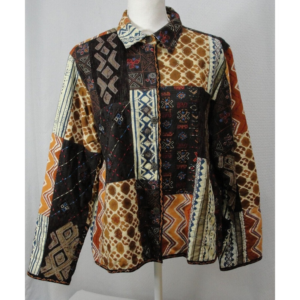 Chicos Size 2 Bohemian Patchwork Lined Button Front Jacket Blazer Womens L Fall